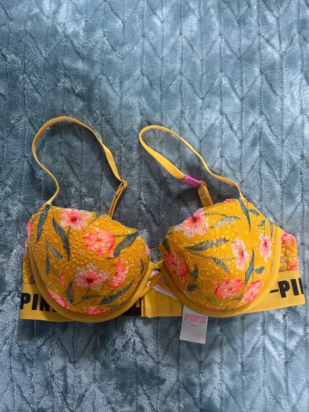 PINK Victoria's Secret Yellow Floral Lace Push Up Bra with Pink Accent~Logo